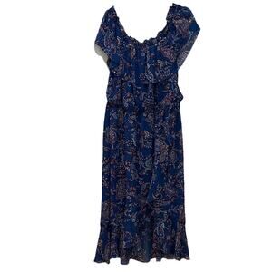 NWT Lane Bryant Blue Floral Chiffon Maxi Dress Off Shoulder Flutter Sleeve 14/16